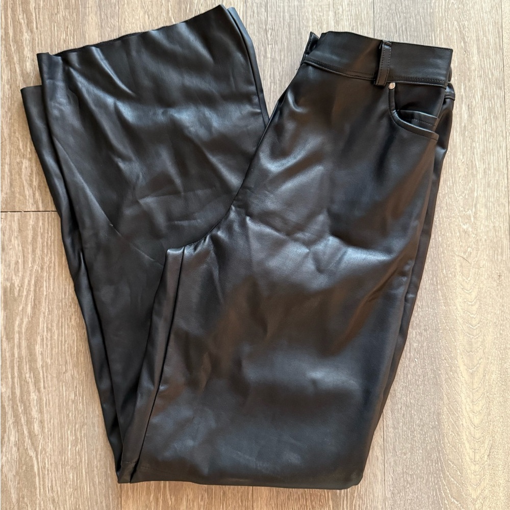 Elegant Black Faux Leather Wide Leg Pants